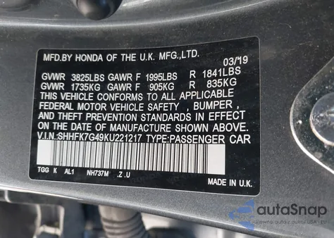 2019 Honda Civic Sport from USA, damaged, VIN SHHFK7G49KU221217